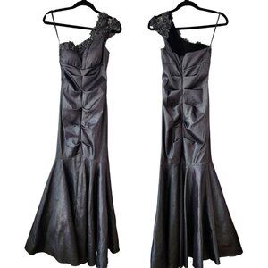 Cache Silver Prom Dress One-Shoulder Beaded Ruched Trumpet Full Length 90s Y2K 4